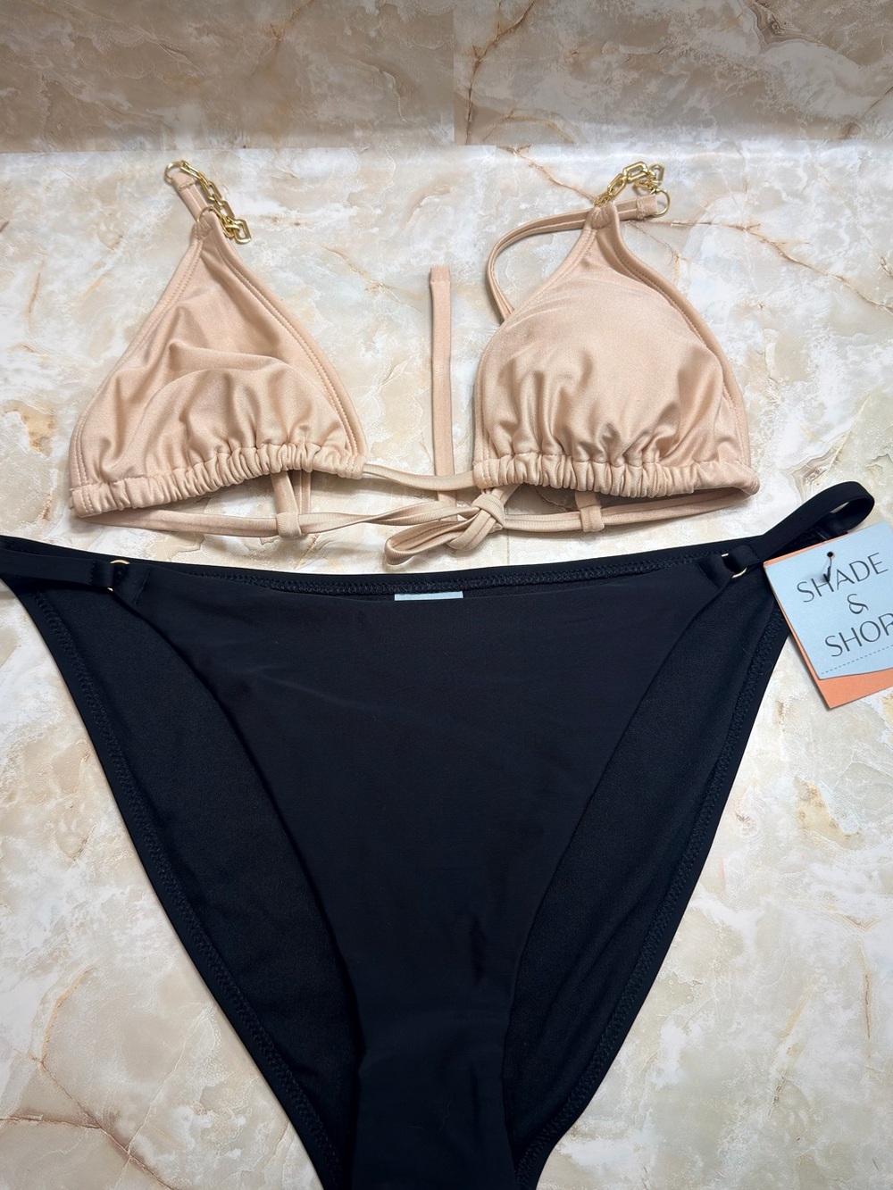 Shade & Shore Beige Triangle Top with Black Bikini Bottom